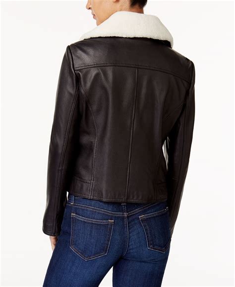 michael kors shearling and leather moto jacket|Michael Kors leather motorcycle jacket.